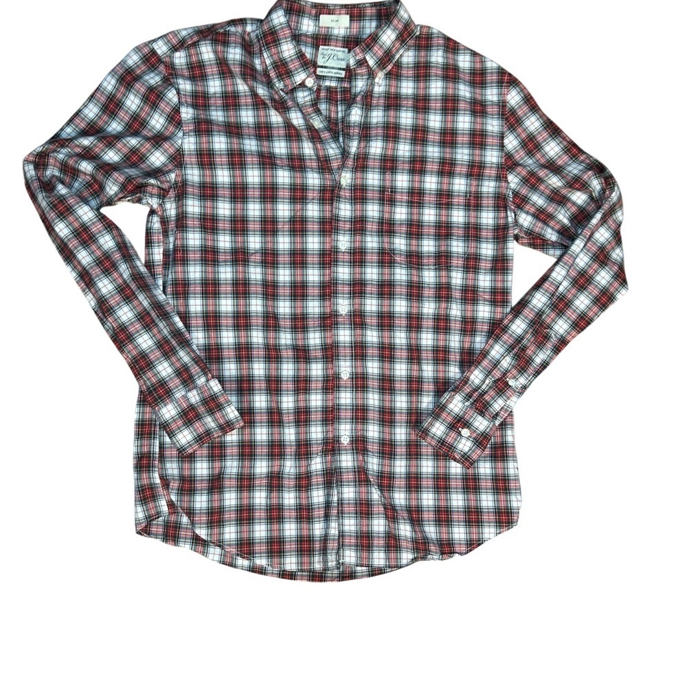 J.Crew Men’s Slim Fit Secret Wash Shirt M Red Navy Plaid Tartan Button Down